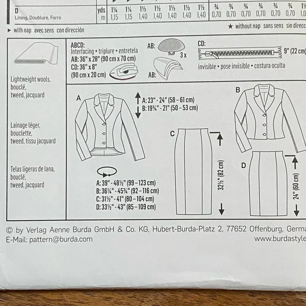 Burda sewing pattern #6582 blazer jacket & skirt set UNCUT size US 8-20